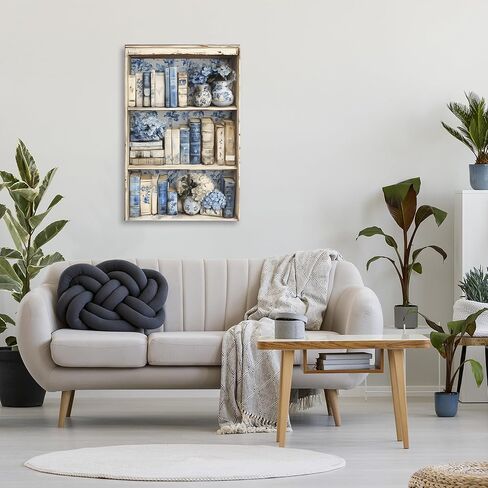 خزانة كتب باللون الأزرق والبيج من Stupell Industries، لوحة فنية من القماش، مقاس 24 × 36 بوصة، سهلة التعليق وقوية، مصنوعة في الولايات المتحدة الأمريكية، بواسطة LSR Design Studio in Kuwait