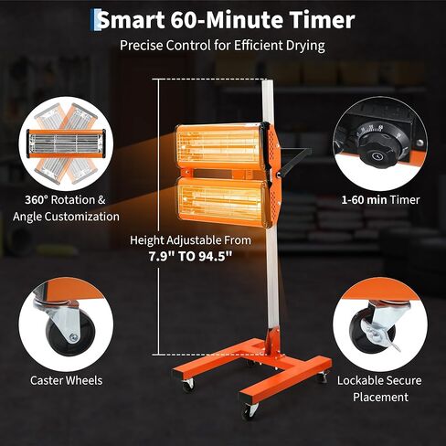 Infrared Paint Curing Lamp 2000W with Wheels & Timer Fast-Drying Short Wave Paint Baking Light for Auto Body Repair Tool for on-Site Paint Curing Systems in Kuwait