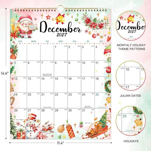 2026-2027 Wall Calendar - 11.4" x 14.6", 2026-2027 Wall Calendar 18 Months from JUL.2026 - DEC. 2027, Twin-Wire Binding, Blank Block, Julian Dates, Hanging Loop, Holiday Reminder, Thick Paper in Kuwait