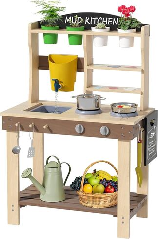 مطبخ الطين من بيروم للأطفال في الهواء الطلق - مطبخ لعب خشبي للأطفال الصغار مع حوض حقيقي وصنبور، مجموعة ألعاب المطبخ التظاهري للأطفال من سن 3 سنوات فما فوق، مطبخ مونتيسوري الحسي للمياه والطبخ والزراعة، بني in Kuwait