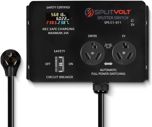 Splitvolt NEMA 10-30، 240V، 24 Amp Splitter Switch - وفر الآلاف من شحن المركبات الكهربائية المنزلية، تثبيت EV، معتمد من cETLus، تبديل الطاقة التلقائي بين المجفف وEV أو اثنين من EVs، التوصيل والتشغيل in Kuwait