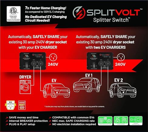 Splitvolt NEMA 10-30، 240V، 24 Amp Splitter Switch - وفر الآلاف من شحن المركبات الكهربائية المنزلية، تثبيت EV، معتمد من cETLus، تبديل الطاقة التلقائي بين المجفف وEV أو اثنين من EVs، التوصيل والتشغيل in Kuwait