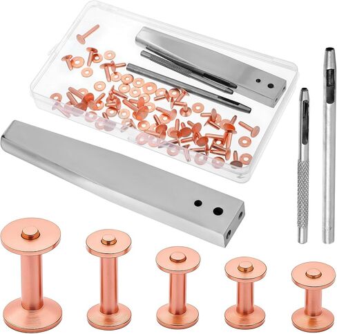 103 PCS Copper Rivets and Burrs, Leather Rivets Fastener Install Setting Tool, Copper Rivet and Burr Washers for Leather Work, Rivet Setter for Belts Wallets Collars Handbags DIY Leathercraft in Kuwait