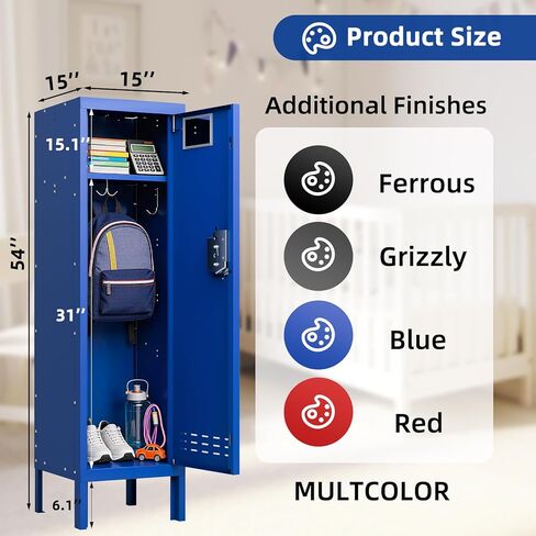 KAER Blue Locker 54 بوصة ارتفاع، خزانة تخزين معدنية قابلة للقفل، خزانة رياضية للأطفال، خزانة فولاذية مع رف باب، مرآة وخطافات للمنزل والمدرسة وصالة الألعاب الرياضية in Kuwait
