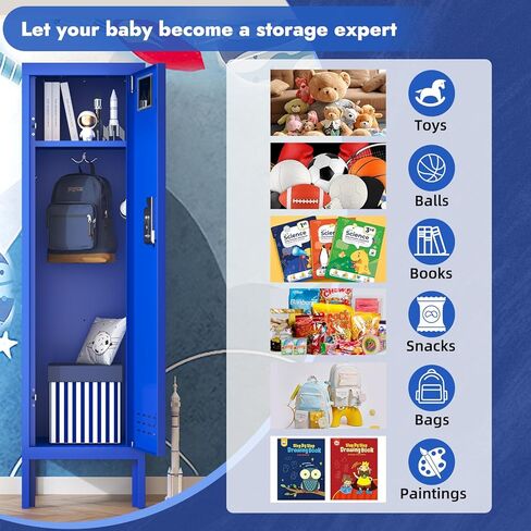 KAER Blue Locker 54 بوصة ارتفاع، خزانة تخزين معدنية قابلة للقفل، خزانة رياضية للأطفال، خزانة فولاذية مع رف باب، مرآة وخطافات للمنزل والمدرسة وصالة الألعاب الرياضية in Kuwait