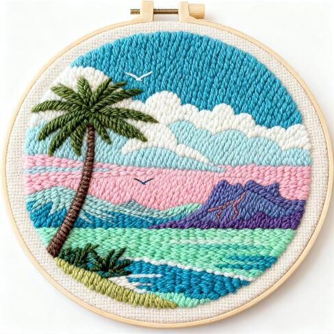 DIY Punch Needle Kits Palm Tree and Colorful Sea Beach Easy for Beginners Starter Set with Hoop Needlepoint Embroidery Craft Hobby and Home Decor 20x20cm in Kuwait