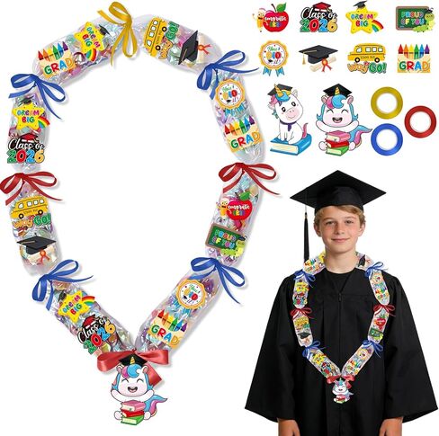 Kindergarten Graduation Leis 2026 - Graduation Candy Lei Making Kit, 12 Candy Poly Tubing Clear 60 Paper Cards 12 Sheets Stickers 3 Ribbon Rolls, Class of 2026 Preschool Grad Accessories in Kuwait