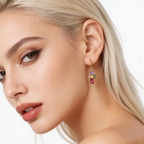 HZMAN Cross Earring for Women Girls 14K Gold Plated Hypoallergenic Dangle Hoop Earrings Dainty Crystal Cubic Zirconia Earrings in Saudi Arabia