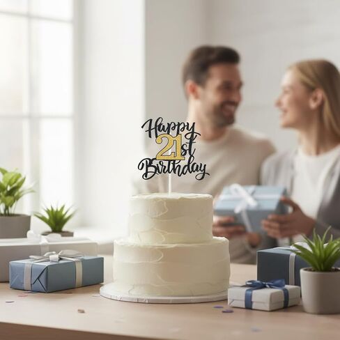 أعلى كعكة عيد الميلاد الحادي والعشرين، أعلى كعكة عيد ميلاد سعيد الحادي والعشرين، أعلى كعكة 21 له أو لها، زخرفة كعكة لامعة باللونين الأسود والذهبي لزينة عيد الميلاد الحادي والعشرين، ديكور حفلات أعياد الميلاد للرجال والنساء البالغين in Kuwait