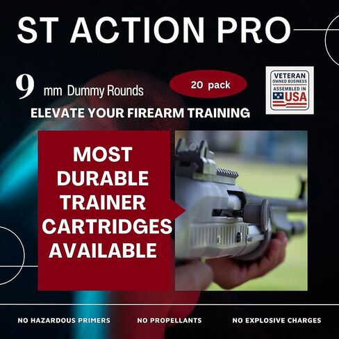 ST Action Pro 9mm Dummy Rounds –20 Pack Inert Training Ammunition for Dry Fire, Malfunction Drills & Classroom Use – Nickel Casing, UV Reactive, Veteran-Owned, Assembled in USA – Safe & Reusable in Kuwait