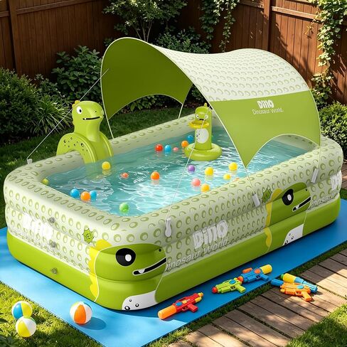 Inflatable Pool with Canopy, 106" Large Cartoon Dinosaur Blow Up Pool with Basketball Hoop & Water Sprayer, 0.4mm Thickened PVC Family Kiddie Pool Play Center for Adults Kids Backyard Summer Fun in Kuwait