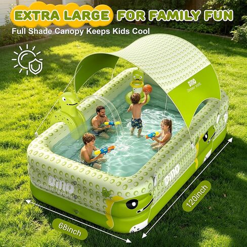 Inflatable Pool with Canopy, 106" Large Cartoon Dinosaur Blow Up Pool with Basketball Hoop & Water Sprayer, 0.4mm Thickened PVC Family Kiddie Pool Play Center for Adults Kids Backyard Summer Fun in Kuwait