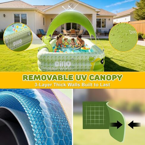 Inflatable Pool with Canopy, 106" Large Cartoon Dinosaur Blow Up Pool with Basketball Hoop & Water Sprayer, 0.4mm Thickened PVC Family Kiddie Pool Play Center for Adults Kids Backyard Summer Fun in Kuwait