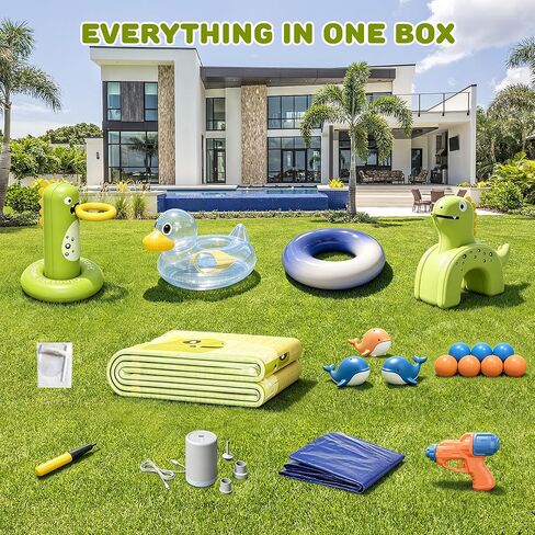 Inflatable Pool with Canopy, 106" Large Cartoon Dinosaur Blow Up Pool with Basketball Hoop & Water Sprayer, 0.4mm Thickened PVC Family Kiddie Pool Play Center for Adults Kids Backyard Summer Fun in Kuwait