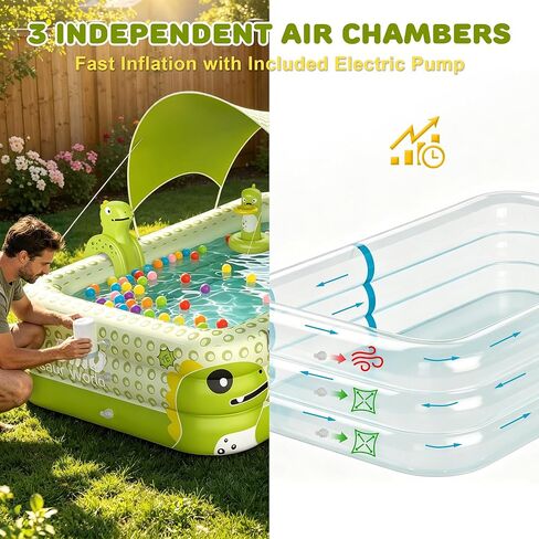 Inflatable Pool with Canopy, 106" Large Cartoon Dinosaur Blow Up Pool with Basketball Hoop & Water Sprayer, 0.4mm Thickened PVC Family Kiddie Pool Play Center for Adults Kids Backyard Summer Fun in Kuwait