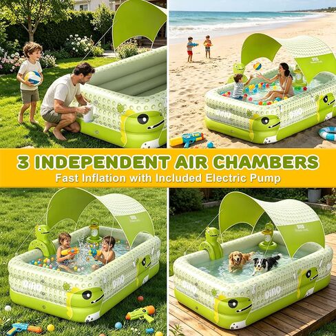 Inflatable Pool with Canopy, 106" Large Cartoon Dinosaur Blow Up Pool with Basketball Hoop & Water Sprayer, 0.4mm Thickened PVC Family Kiddie Pool Play Center for Adults Kids Backyard Summer Fun in Kuwait