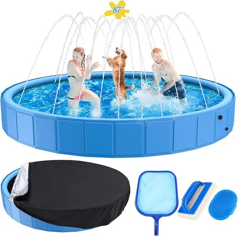 Foldable Dog Pool, 97 in Large Sprinkler Pool with Cover, Heavy Duty Dogs Splash Pad with Sprinkler Bathtub for Large Medium Small Pets Summer Outside Water Playing in Saudi Arabia