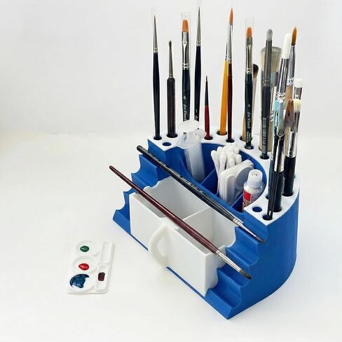Semicircular Paint Brush Holder Organizer Rack - 21-Slot Vertical Storage with Horizontal Tray, Water Pot & Mini Palette Accessories for Artists & Crafters in Kuwait