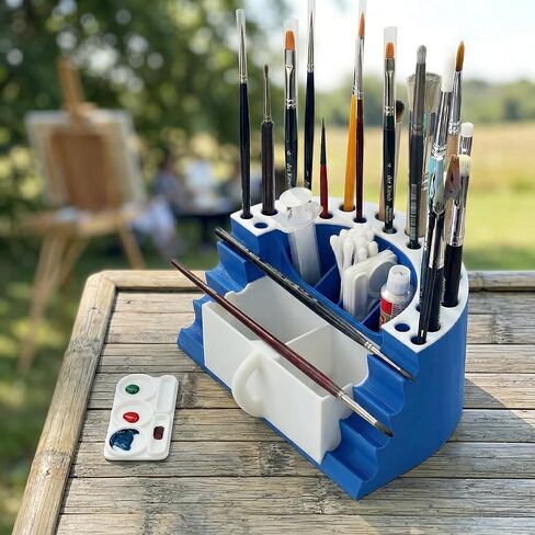 Semicircular Paint Brush Holder Organizer Rack - 21-Slot Vertical Storage with Horizontal Tray, Water Pot & Mini Palette Accessories for Artists & Crafters in Kuwait