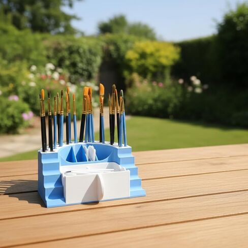 Semicircular Paint Brush Holder Organizer Rack - 21-Slot Vertical Storage with Horizontal Tray, Water Pot & Mini Palette Accessories for Artists & Crafters in Kuwait