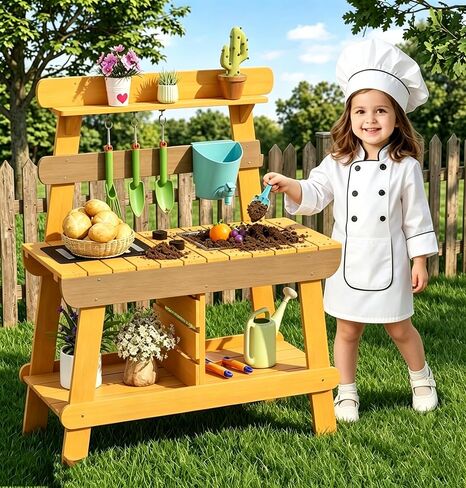 Costzon Mud Kitchen for Kids Outdoor, Montessori Pretend Playset w/Removable Faucet, Sink, Grill Rack, Gardening Accessories & Storage Shelves, Wooden Play Kitchen for Boys Girls Aged 3-8 in Kuwait