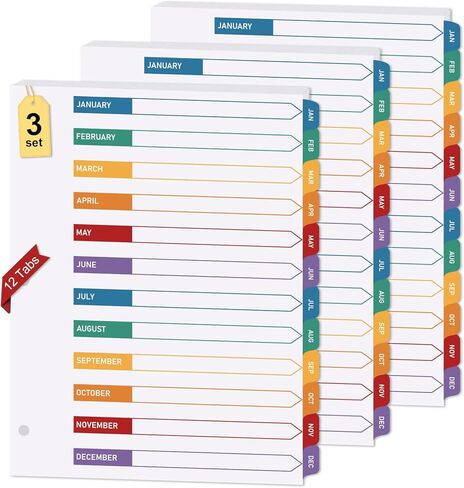 Prudiut Monthly Dividers for 3 Ring Binder, 3 Sets 12 Tab Binder Dividers with Tabs - White Paper and Multicolor Preprinted Month Tabs for Organizing Documents at Office, School, Home (8.5 x 11 Inch) in Kuwait