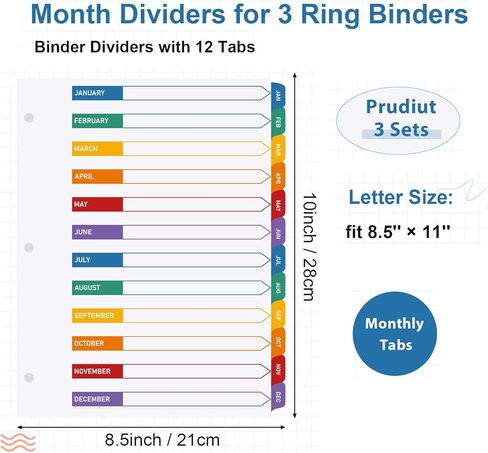 Prudiut Monthly Dividers for 3 Ring Binder, 3 Sets 12 Tab Binder Dividers with Tabs - White Paper and Multicolor Preprinted Month Tabs for Organizing Documents at Office, School, Home (8.5 x 11 Inch) in Kuwait
