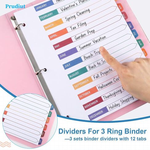 Prudiut Monthly Dividers for 3 Ring Binder, 3 Sets 12 Tab Binder Dividers with Tabs - White Paper and Multicolor Preprinted Month Tabs for Organizing Documents at Office, School, Home (8.5 x 11 Inch) in Kuwait