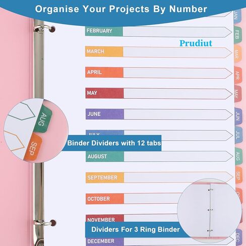 Prudiut Monthly Dividers for 3 Ring Binder, 3 Sets 12 Tab Binder Dividers with Tabs - White Paper and Multicolor Preprinted Month Tabs for Organizing Documents at Office, School, Home (8.5 x 11 Inch) in Kuwait