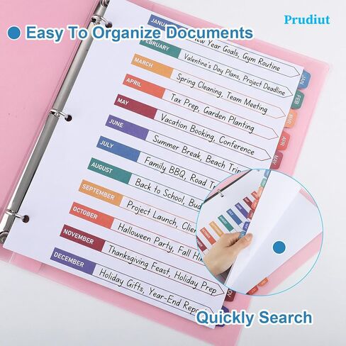 Prudiut Monthly Dividers for 3 Ring Binder, 3 Sets 12 Tab Binder Dividers with Tabs - White Paper and Multicolor Preprinted Month Tabs for Organizing Documents at Office, School, Home (8.5 x 11 Inch) in Kuwait