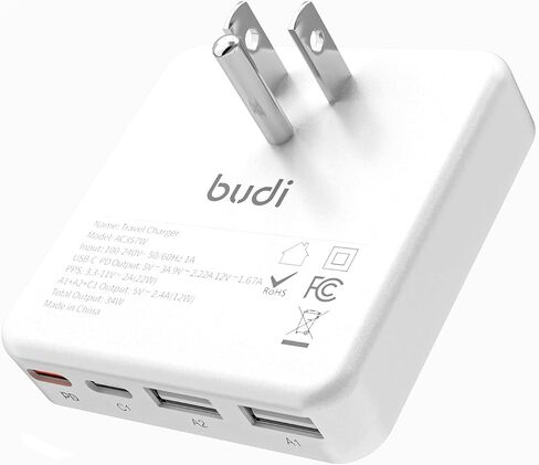 شاحن حائط USB C مسطح من BUDI، شاحن حائط USB نحيف 34 وات 4 منافذ، كتلة شحن سريعة مع توصيل طاقة بمنفذ 20 وات ومنفذ USB C لهاتف iPhone 15/14/13/12/11/Pro Max/XS/XR/8 /7، الأجهزة اللوحية والهواتف المحمولة in Saudi Arabia