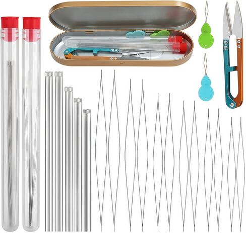 مجموعة إبر خرز VYNFLICK - 45 قطعة 6 مقاسات إبرة خرز بذور العين الكبيرة، 5 مقاسات طويلة مستقيمة مع خيطين ومقص غير قابل للصدأ للخياطة لصنع الخرز في صناعة المجوهرات in Kuwait