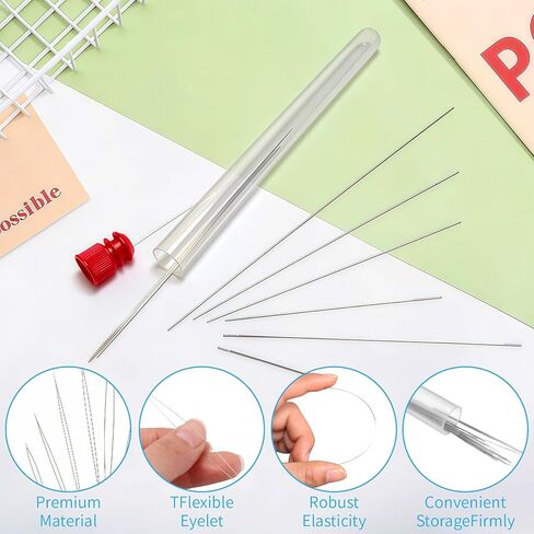 مجموعة إبر خرز VYNFLICK - 45 قطعة 6 مقاسات إبرة خرز بذور العين الكبيرة، 5 مقاسات طويلة مستقيمة مع خيطين ومقص غير قابل للصدأ للخياطة لصنع الخرز في صناعة المجوهرات in Kuwait