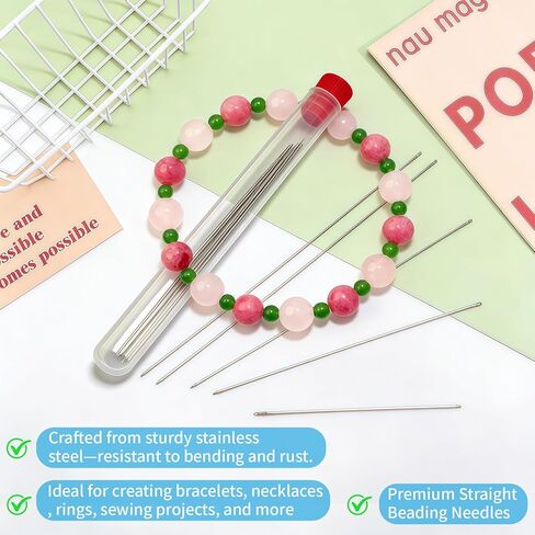 مجموعة إبر خرز VYNFLICK - 45 قطعة 6 مقاسات إبرة خرز بذور العين الكبيرة، 5 مقاسات طويلة مستقيمة مع خيطين ومقص غير قابل للصدأ للخياطة لصنع الخرز في صناعة المجوهرات in Kuwait