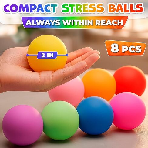 8 Pack Squishy Stress Balls 2 Inch — Squeeze Ball, Soft TPR + EVA, Fast Rising, Non Sticky, Tear Resistant, Durable Hand Grip, Desk Fidget — Reusable Sensory Fidgets for Office, Home and Travel in Kuwait