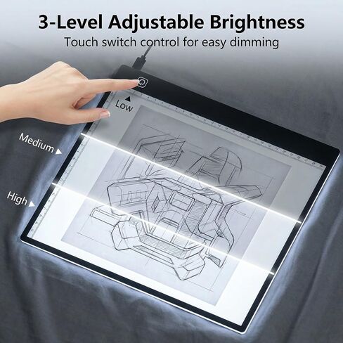 A4 Ultra-Thin LED Light Pad with Scale - 5000 Lux Stepless Dimmer Light Box for Diamond Painting, Tracing & Sketching - USB Powered Portable Light Table for Artists, Tattoos & Animation - Black in Kuwait