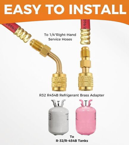 محول مبرد A2L R32 R454B، تركيب SAE ذكر 1/4 بوصة لليد اليسرى إلى 1/4 بوصة لليد اليمنى، محول شحن HVAC 30 180 درجة لخزانات R-32/R-454B وأنظمة الانقسام الصغيرة in Kuwait