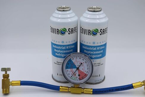 ENVIRO-SAFE Industrial R134a Replacement Refrigerant Kit with Charging Gauge, 2 Cans of 21 Oz Each, Professional AC System Cooling Solution for Automotive, Commercial, Agricultural Applications in Kuwait