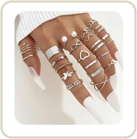 Hanfluenve 22Pcs Knuckle Rings Set for Women and Girls Dainty Butterfly Heart Stacking Ring Statement Braided Twisted Hollow Carved Vintage Bow Rings Size Mixed for Gift (silver) in Saudi Arabia