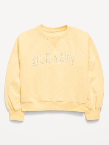 سويت شيرت برقبة دائرية ضيقة وشعار مطبوع للبنات من Old Navy - اصفر زبدة in Kuwait