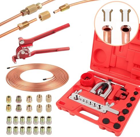 Wostore 25 FT 3/16" Copper Coated Brake Line Kit with 24 Brass Fittings & Double/Single Flaring Tool Kit, Complete Brake Line Repair Solution for Cars, Trucks, Motorcycles in Kuwait
