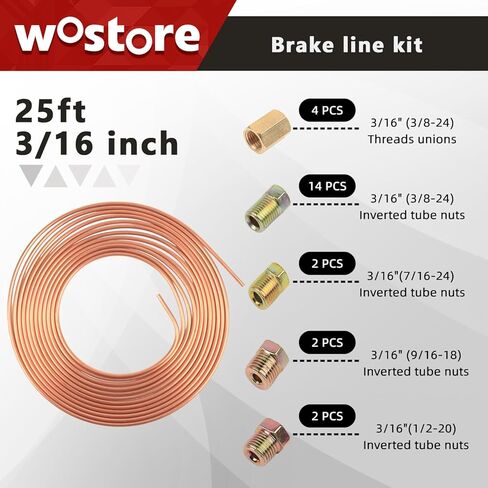 Wostore 25 FT 3/16" Copper Coated Brake Line Kit with 24 Brass Fittings & Double/Single Flaring Tool Kit, Complete Brake Line Repair Solution for Cars, Trucks, Motorcycles in Kuwait