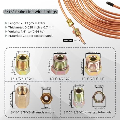 Wostore 25 FT 3/16" Copper Coated Brake Line Kit with 24 Brass Fittings & Double/Single Flaring Tool Kit, Complete Brake Line Repair Solution for Cars, Trucks, Motorcycles in Kuwait
