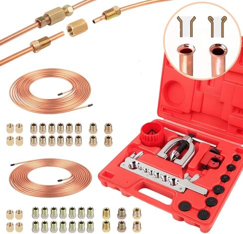 Wostore 25 FT 3/16"+1/4" Copper Coated Brake Line Kit with 44 Brass Fittings & Double/Single Flaring Tool Kit, Complete Brake Line Repair Solution for Cars, Trucks, Motorcycles in Kuwait