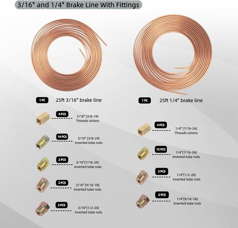 Wostore 25 FT 3/16"+1/4" Copper Coated Brake Line Kit with 44 Brass Fittings & Double/Single Flaring Tool Kit, Complete Brake Line Repair Solution for Cars, Trucks, Motorcycles in Kuwait