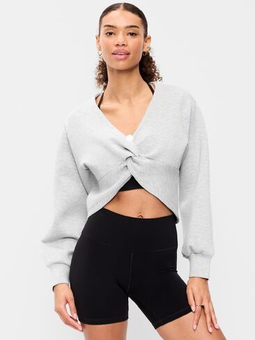 بلوزة Old Navy Bounce Fleece بأكمام طويلة وملوية من الأمام - رمادي منقط in Kuwait