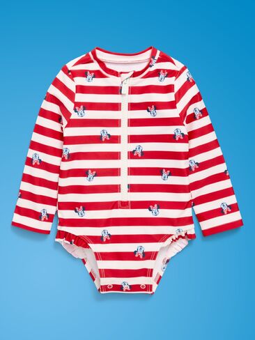 قطعة واحدة للسباحة من Old Navy Old Navy x Disney Minnie Mouse Rashguard للأطفال - شريط أبيض وأحمر in Kuwait