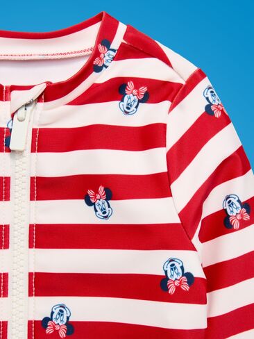 قطعة واحدة للسباحة من Old Navy Old Navy x Disney Minnie Mouse Rashguard للأطفال - شريط أبيض وأحمر in Kuwait