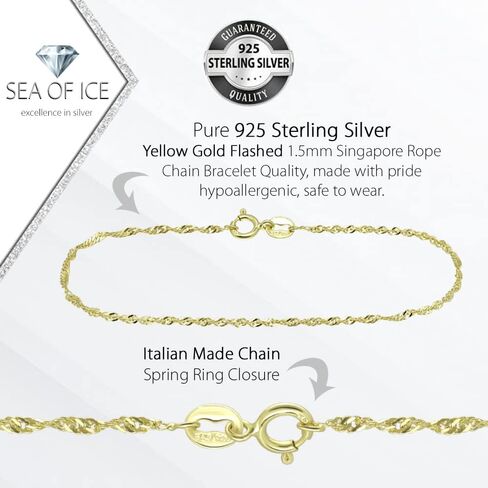SEA OF ICE Sterling Silver 1mm Twisted Curb Singapore Rope Chain Bracelet For Women, Size 7.25 inches in Saudi Arabia