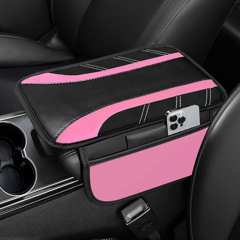 NBTEPEM Pink Car Center Console Cover, Leather Car Arm Rest Cover Cushion with 2 Storage Bags, Universal Car Middle Console Cover Car Accessories Interior for Most Vehicles in Saudi Arabia